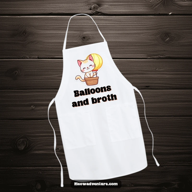 Funny Cat Apron: A mischievous cat rides a glowing hot air balloon, perfect for cooks who see every dish as a tasty journey.