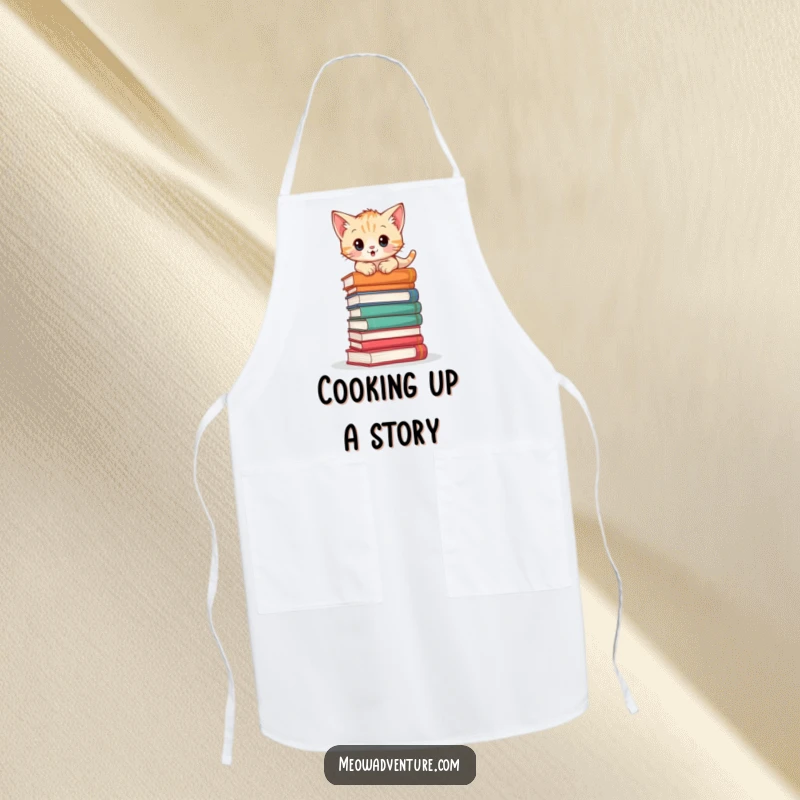 Adventurous kitten apron featuring a cat climbing a stack of books, ideal for literary-themed kitchen fun and protection.