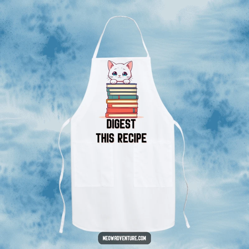 Funny Cat Books Apron with a curious white cat peeking over books, ideal for kitchen fun and literary enthusiasts.