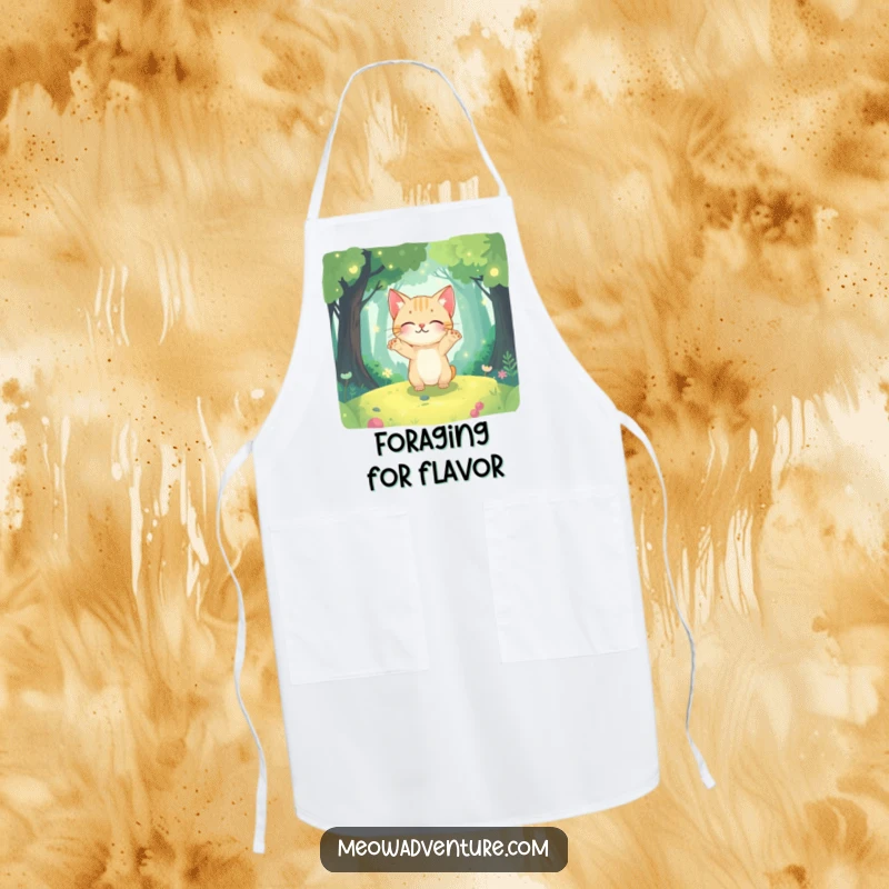 Funny kitchen apron with a curious cat, paws outstretched, exploring a glowing, magical forest while cooking.