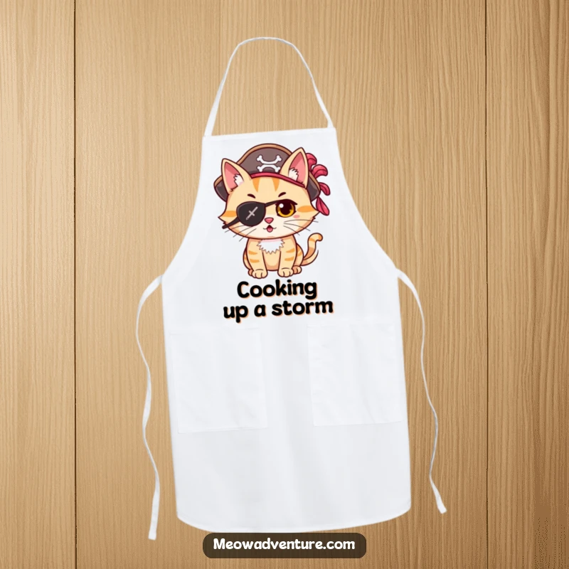 Funny mischievous cat pirate with an eye patch and hat, looking adventurous, on a durable apron.