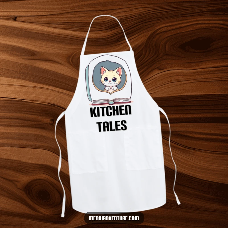 Funny apron with a curious cat peeking from a large book, a humorous kitchen accessory for cooks.