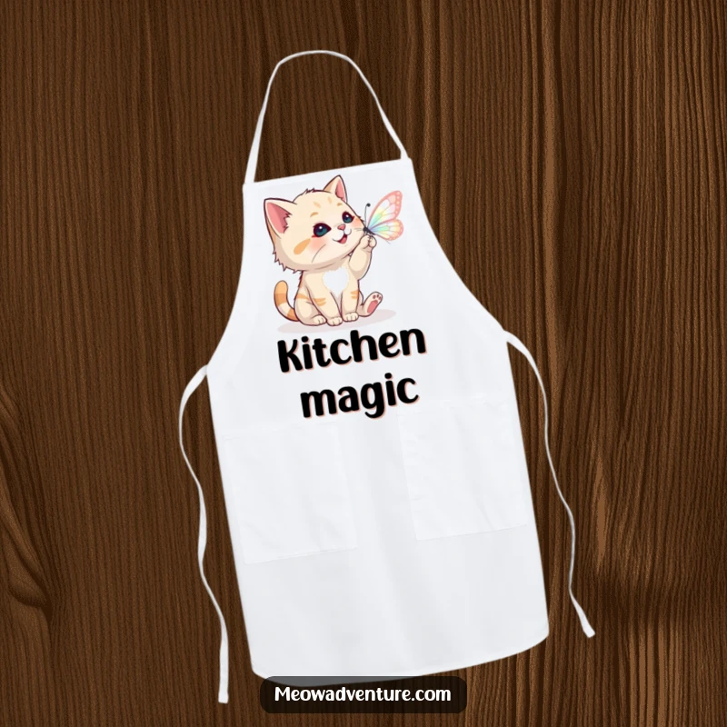 Funny apron with a playful cat batting at a magical butterfly, adding whimsical flair to cooking.