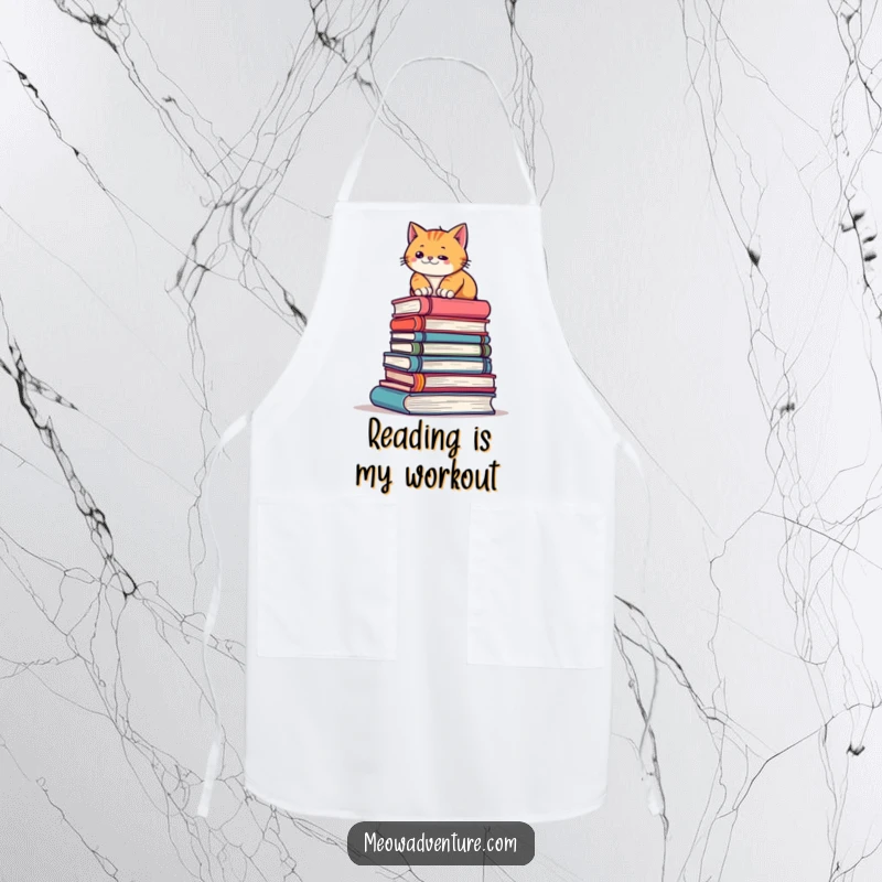 Funny apron showing a determined cat scaling a stack of books, ideal for chefs who enjoy reading and a humorous cooking experience.