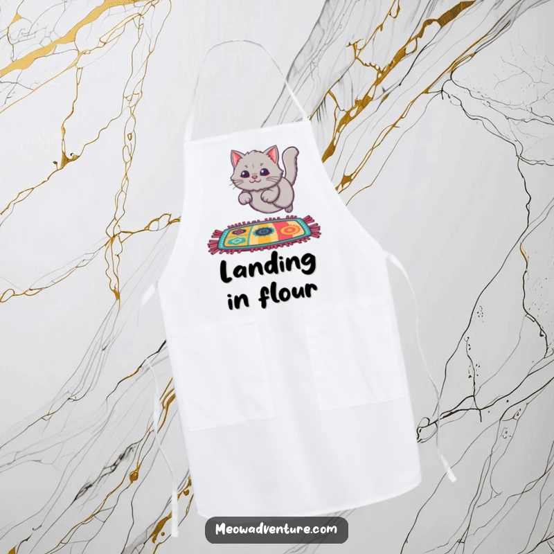Funny Cat Rug Leap Apron showing a fluffy grey cat leaping onto a colorful rug, perfect for kitchen fun and flair.
