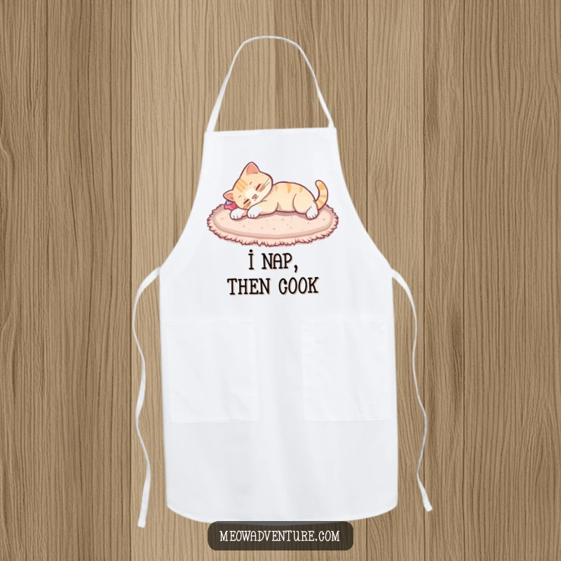 Funny cat stretch apron, a kitchen apron featuring a content cat stretching lazily after a nap, adding a touch of humor.