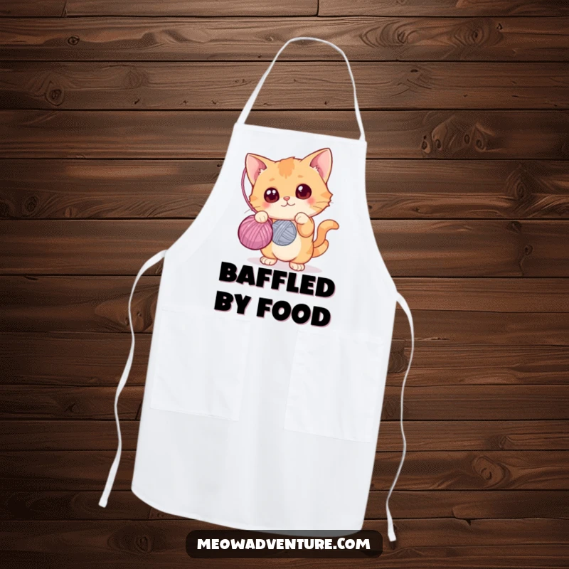 Funny apron for cooks with a curious cat batting at a yarn ball, protection and humor, great funny gift.