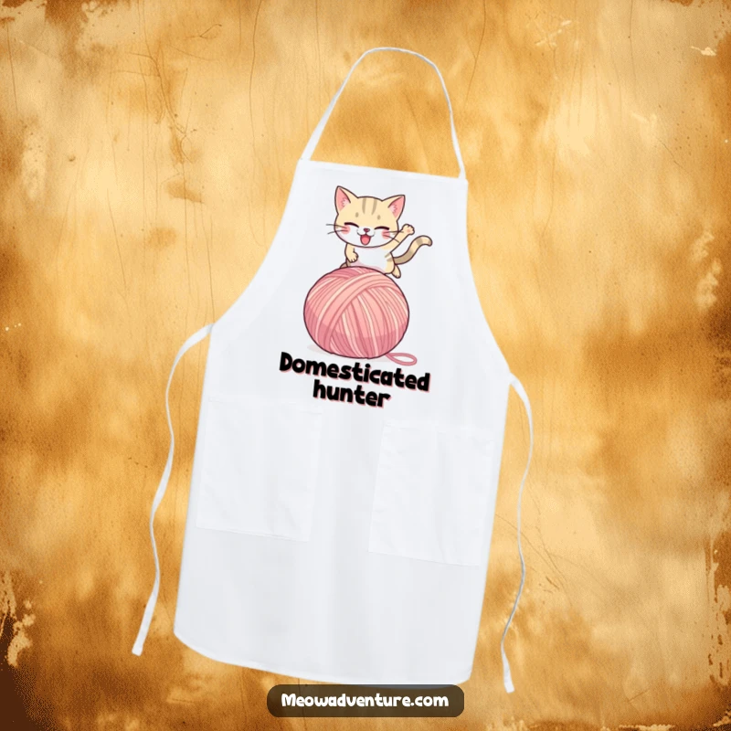Funny Cat Apron: A determined cat leaps over a giant yarn ball, perfect for chefs who embrace culinary chaos with humor.