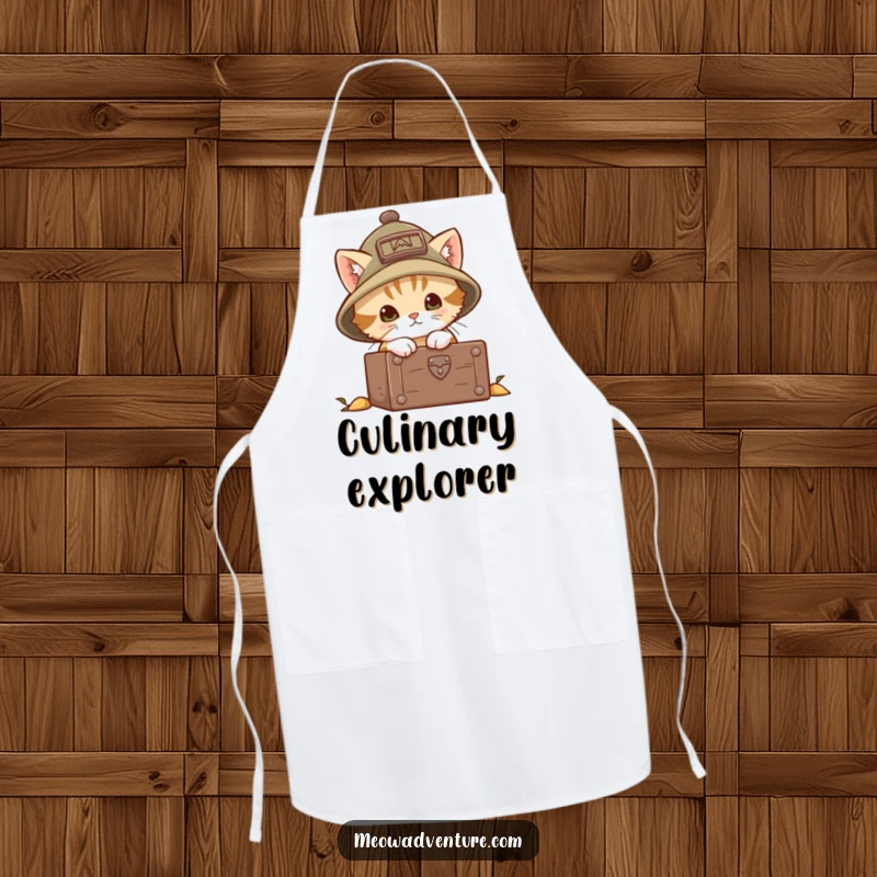 Funny explorer kitten apron featuring a brave cat in an explorer hat, peering into a chest, ready for kitchen adventures.