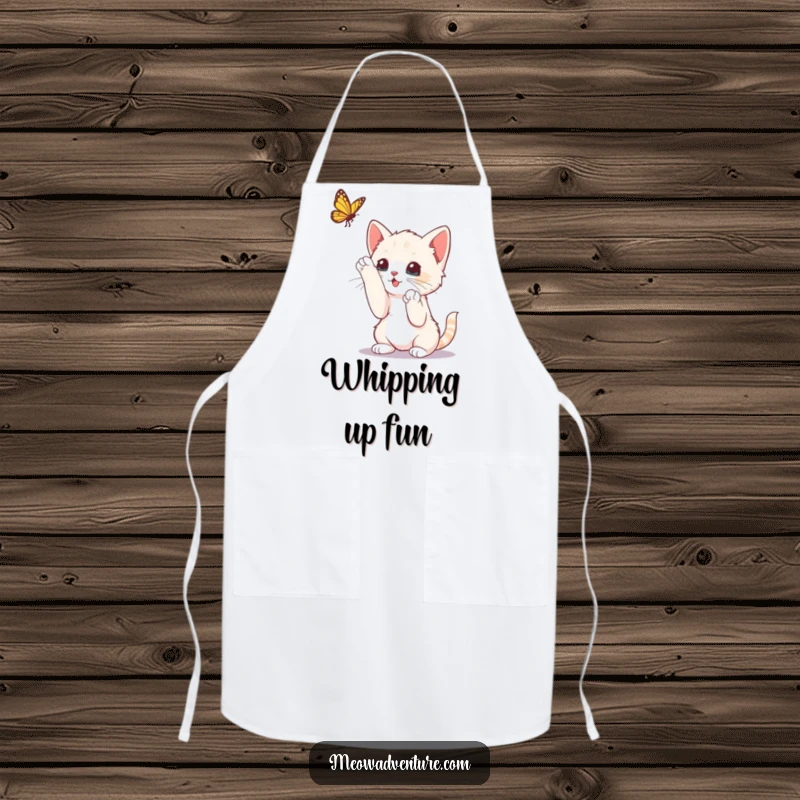 Funny curious kitten with paws up, batting at a butterfly, printed on a kitchen apron, adding playful charm.