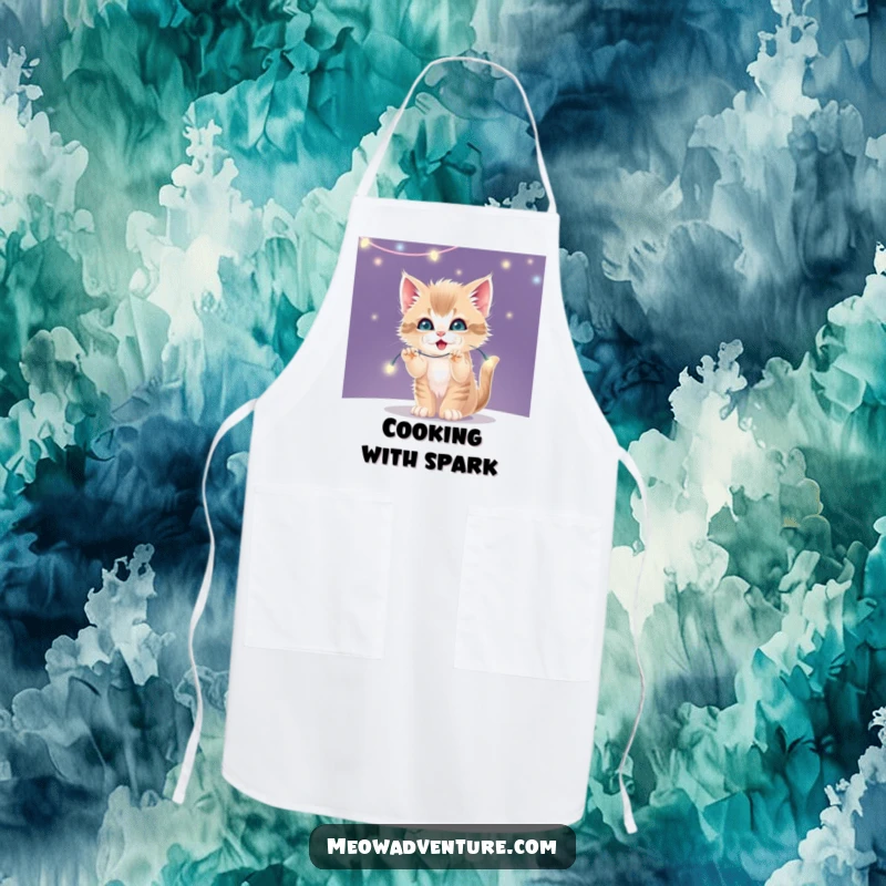 Funny kitchen apron with a mischievous kitten batting at a string of twinkling fairy lights while cooking.