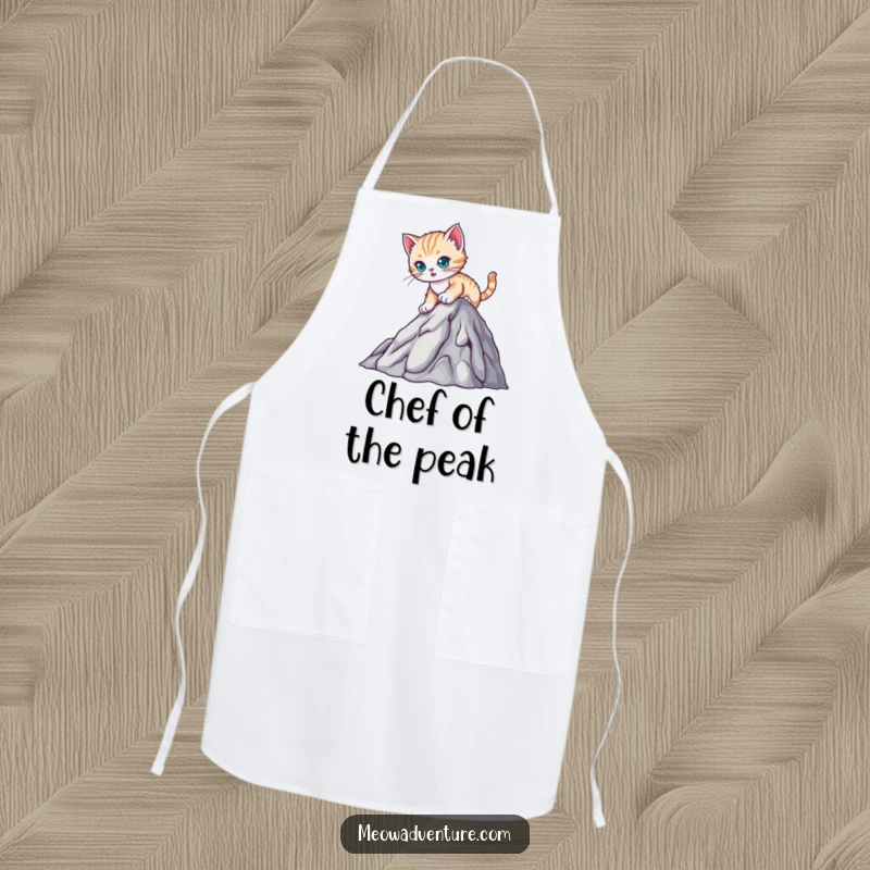 Funny apron with a determined kitten climbing a mountain, adding humor and inspiration to your cooking and baking tasks.