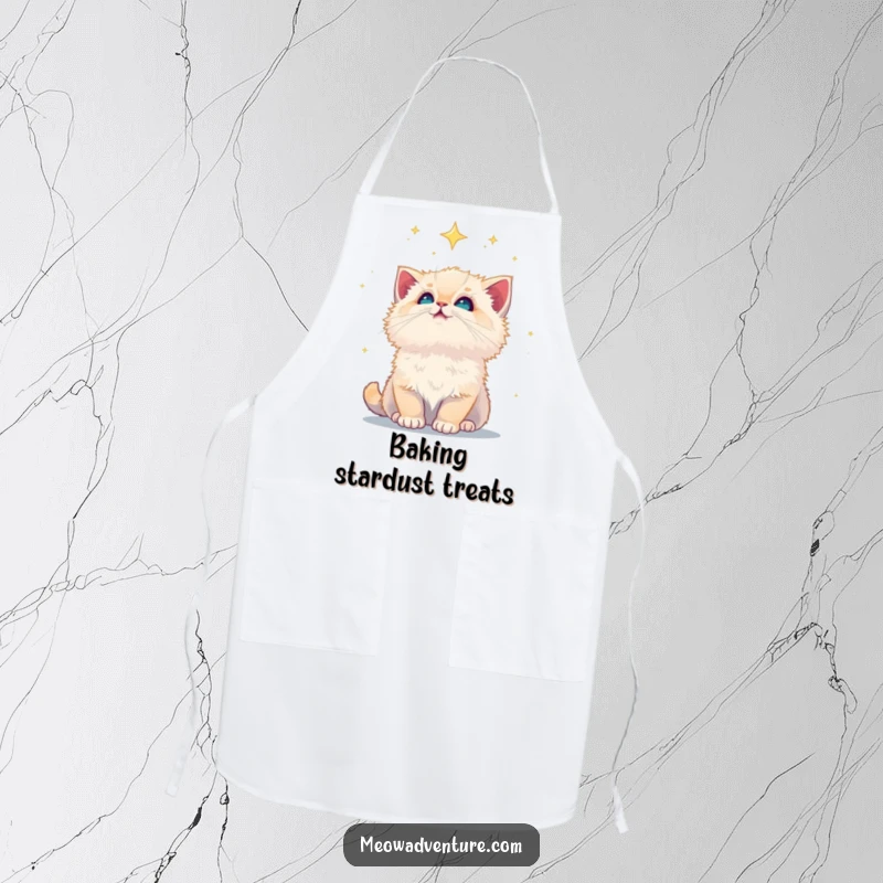 Funny fluffy kitten looking up at a starry night sky, printed on a kitchen apron, adding a touch of magic.