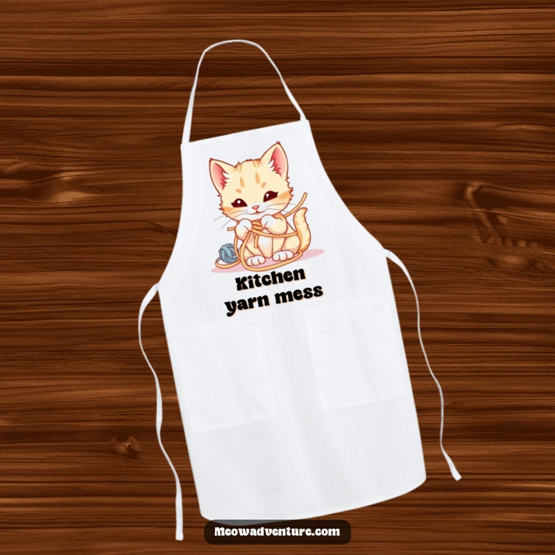 Funny Apron with a smirking kitten tangled in yarn, bringing playful mischief to your kitchen duties.