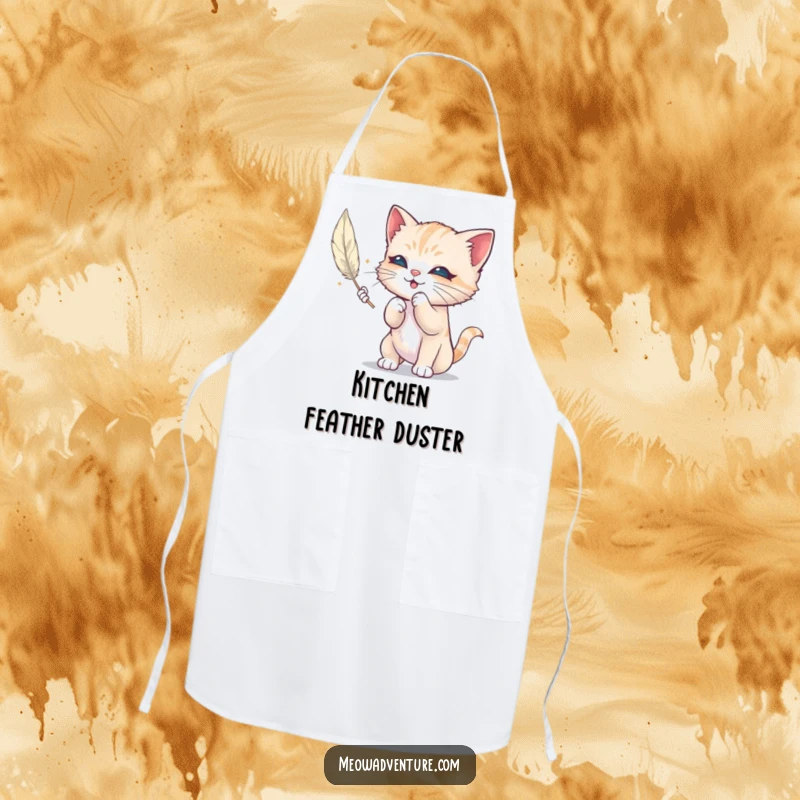 Funny apron featuring a mischievous kitten batting at a floating feather, adding a humorous and lighthearted touch to kitchen activities.