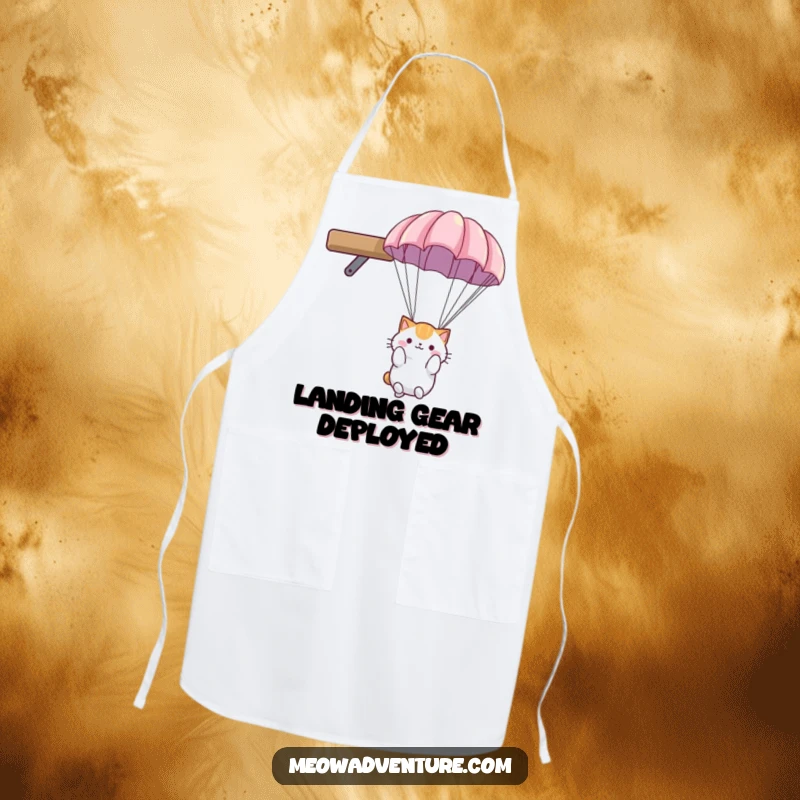 Funny cat apron: fluffy cat with a parachute, descending gently from a high shelf while cooking or baking, looking cheerful.