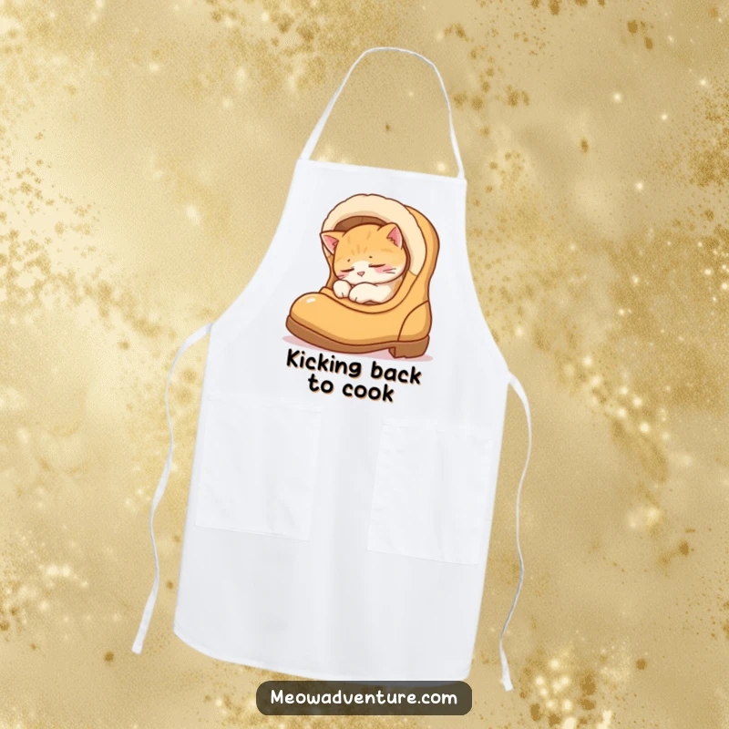 Funny apron displaying a cat comfortably sleeping inside a boot, designed for those who enjoy cooking with a humorous and relaxed vibe.
