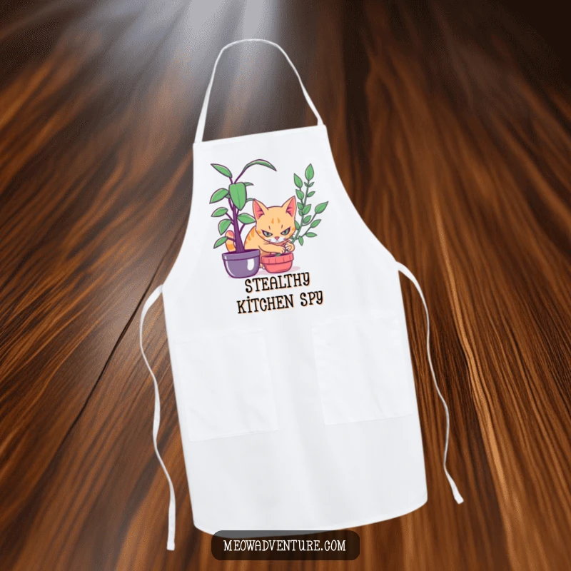 Funny apron design showing a stealthy cat intensely focused on something, peeking from behind a houseplant, ready to surprise.