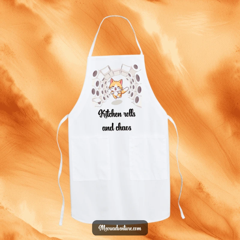 Funny swift cat dashing through a tunnel of toilet paper rolls, protecting you in the kitchen with humor.