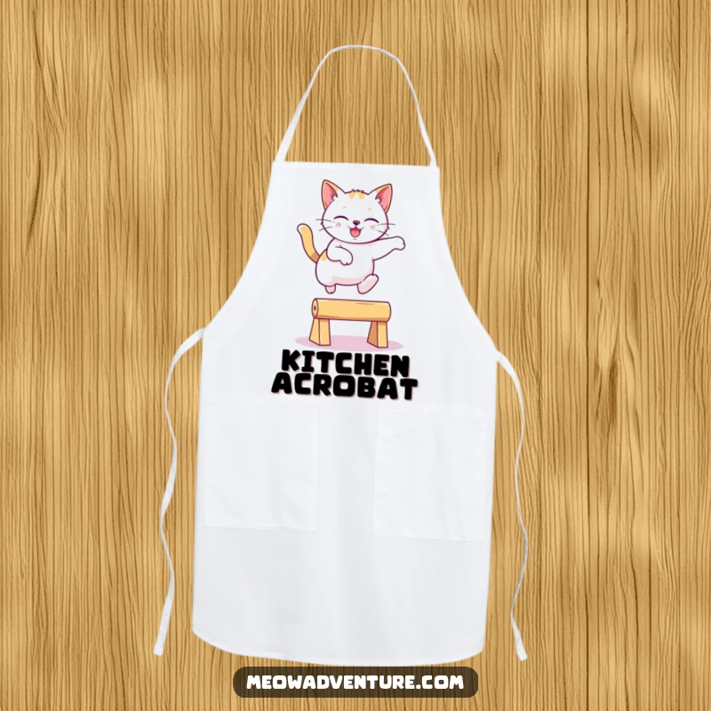 Funny playful cat leaping gracefully over an imaginary obstacle on a kitchen apron, a humorous and funny gift.