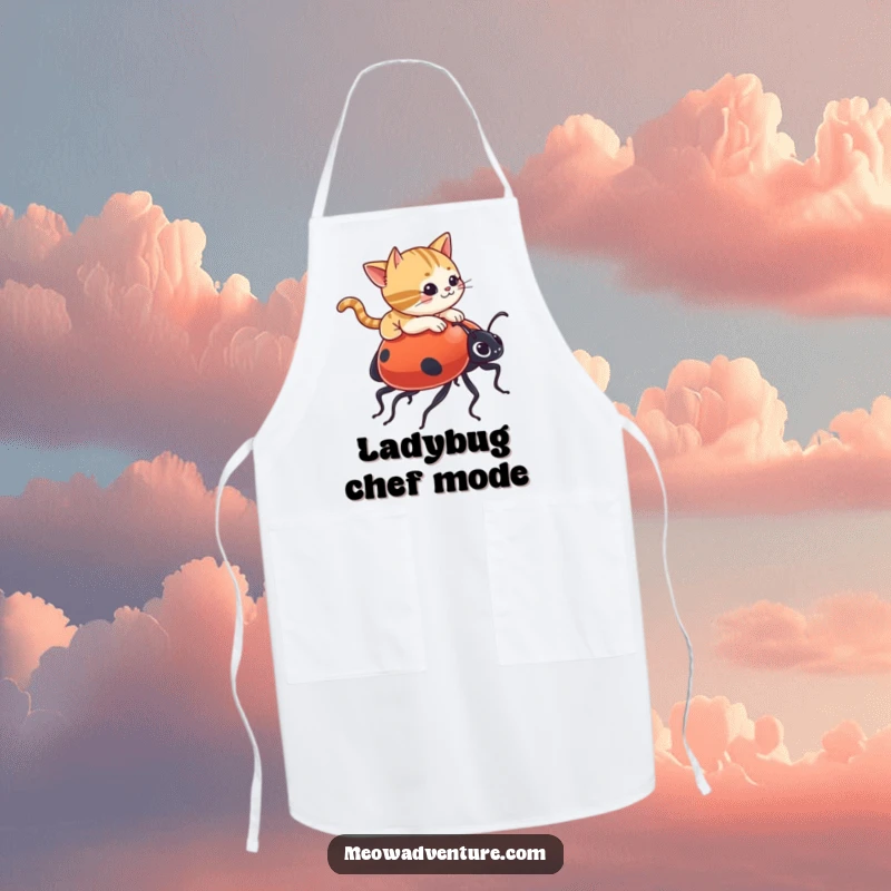 Funny apron with a mischievous cat riding a giant ladybug, designed for kitchen fun and protecting your clothes.