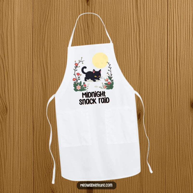Funny Stealthy Black Cat Garden Apron depicting a black cat moving stealthily through a moonlit garden. Functional and humorous.