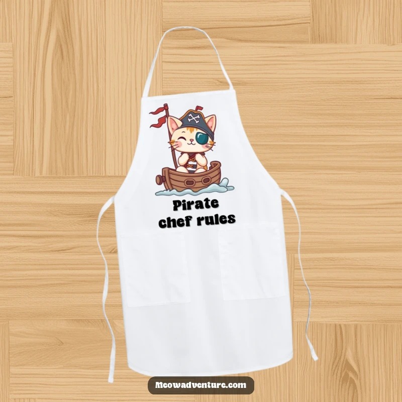Funny cat pirate sailing a small ship, printed on a kitchen apron, ideal for cooking and baking.