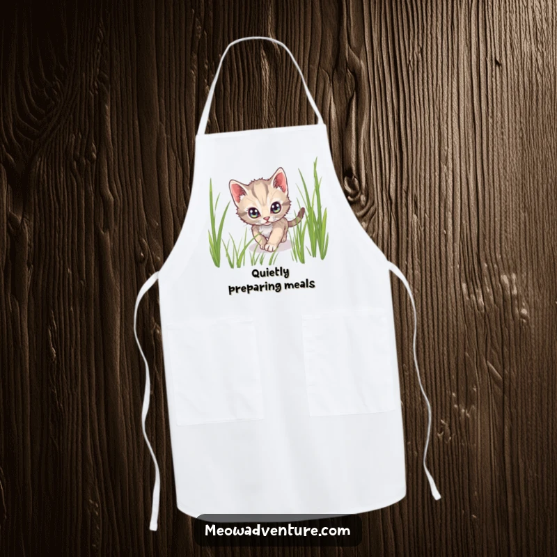 Funny apron featuring a stealthy kitten with wide, alert eyes tiptoeing through tall grass, ready for kitchen missions.