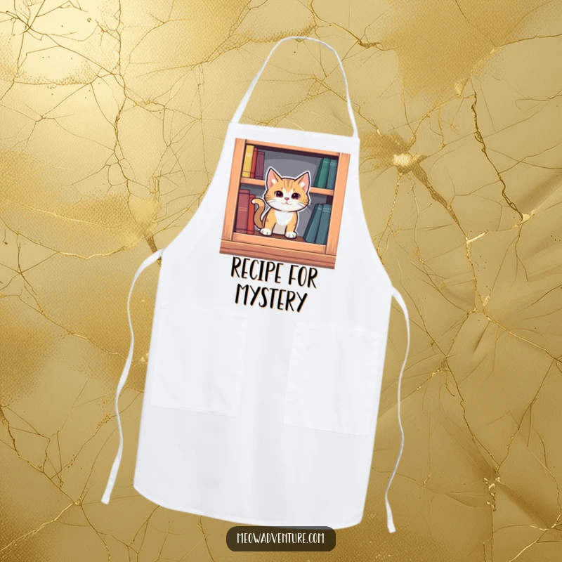 Funny mysterious cat emerging from a secret compartment in a bookshelf, protecting you in the kitchen with humor.