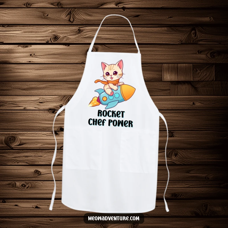 Funny Kitten Rocket Apron: A brave kitten rides a toy rocket, making kitchen duties a humorous and adventurous experience.