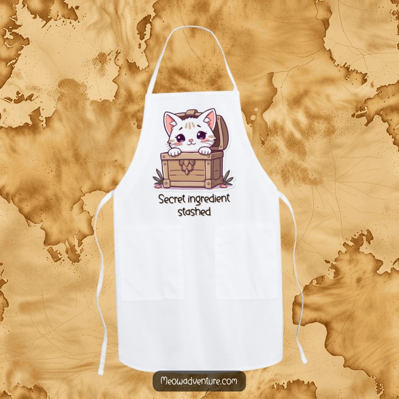 Funny Cat Apron: A curious cat peeks from a treasure chest, ideal for cooks who believe every meal is a delicious discovery.