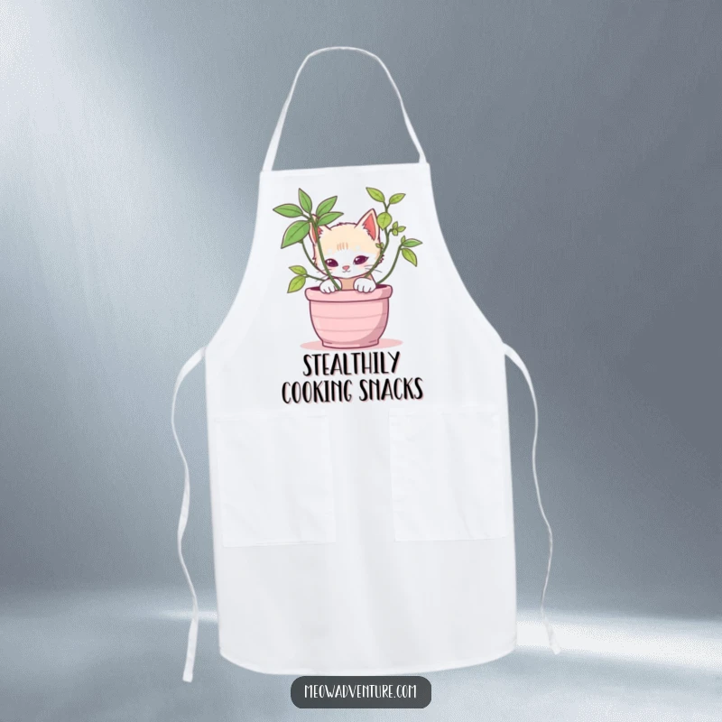 Stealthy kitten apron showing a cat peeking from behind a potted plant, ideal for adding playful charm and protection in the kitchen.