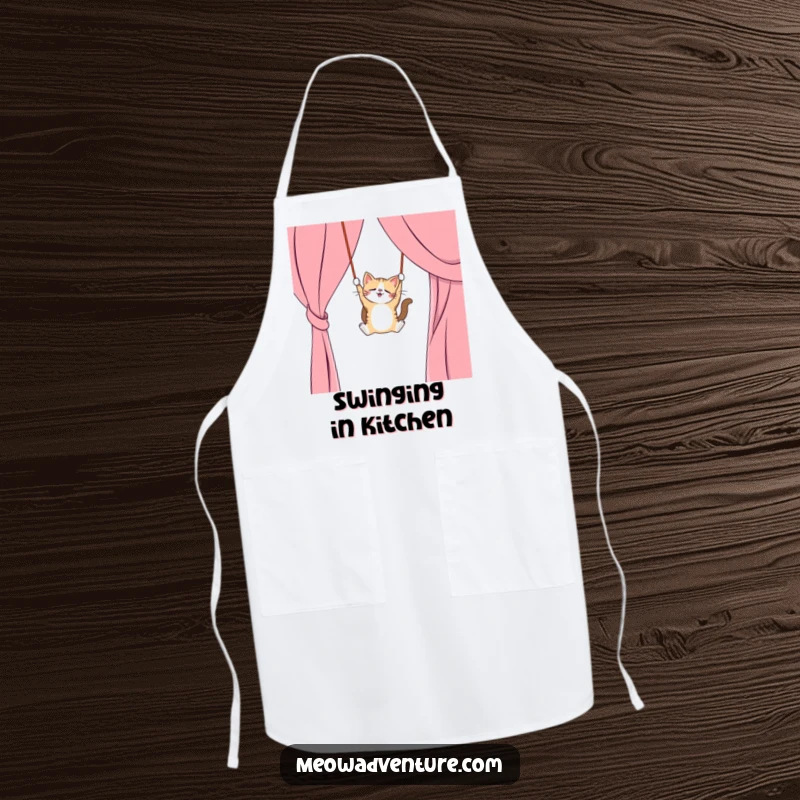 Funny apron for cooks with a mischievous cat swinging from a curtain like a trapeze artist, protection and humor, great funny gift.