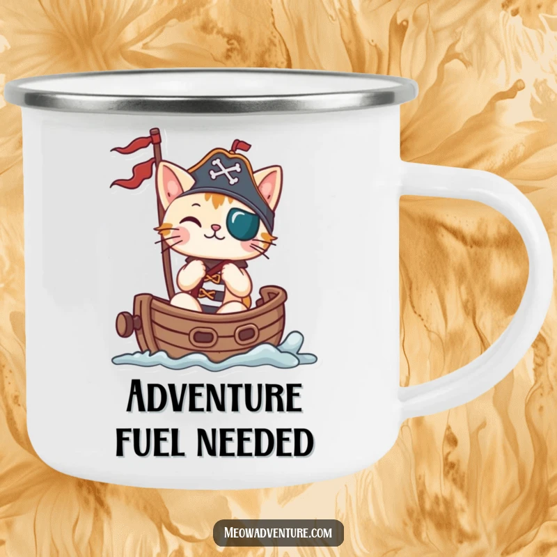 Funny cat pirate sailing a small ship on an enamel camping mug, great for outdoor use and humor.