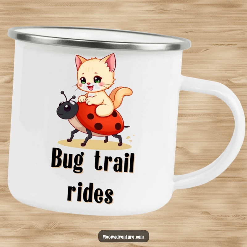 Funny camping mug showing a happy kitten riding a ladybug like a steed, ideal for enjoying drinks outdoors whimsically.