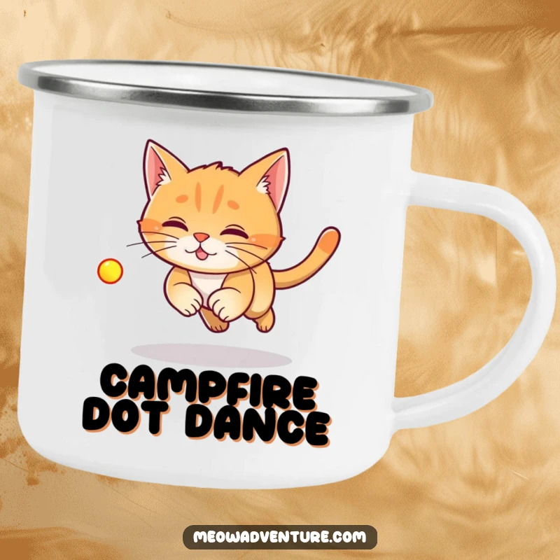 Funny Laser Cat Camping Mug featuring a ginger cat chasing a laser dot, perfect for enjoying beverages outdoors with humor.
