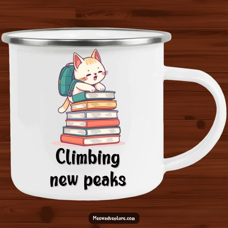 Funny cat with a backpack climbing a mountain of books, on a sturdy camping mug.