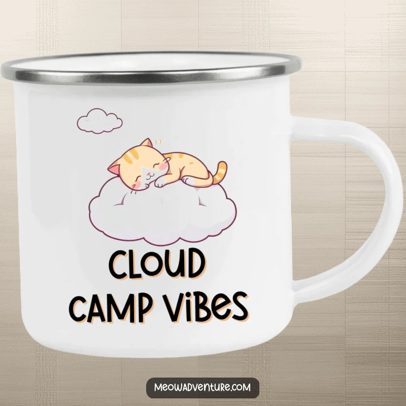 Funny camping mug: a sleepy cat resting on a cloud, designed for tranquil sips during outdoor adventures.