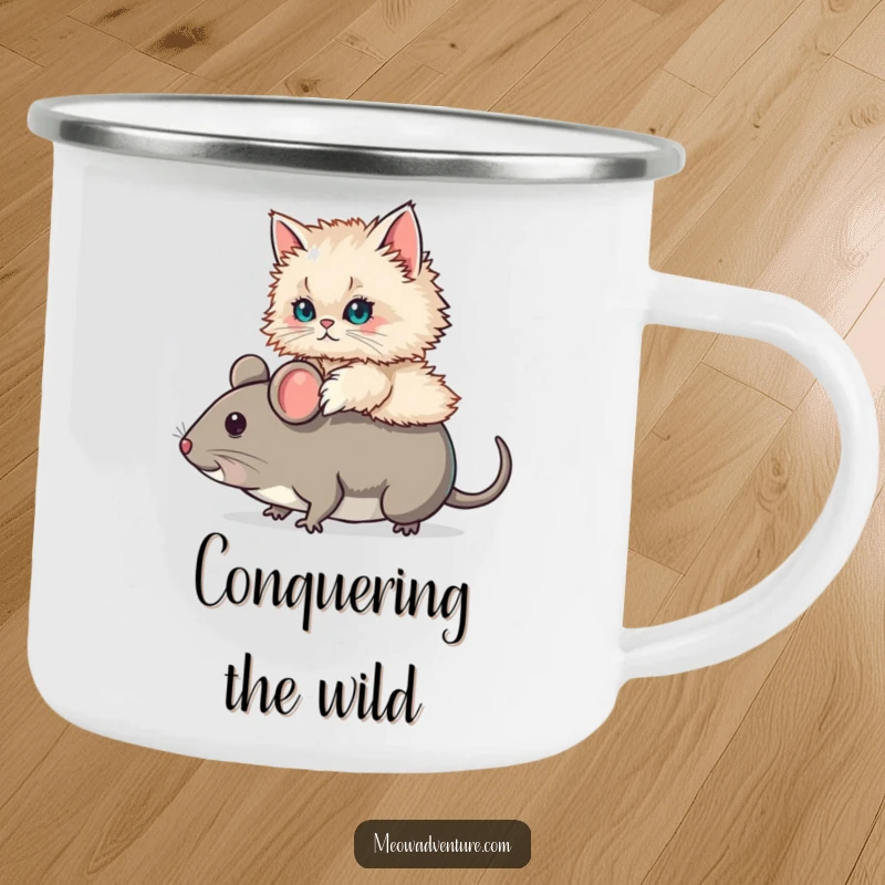 Funny Persian Cat Mouse Ride Camping Mug with a fluffy Persian cat riding a comically large toy mouse. A durable and amusing mug.