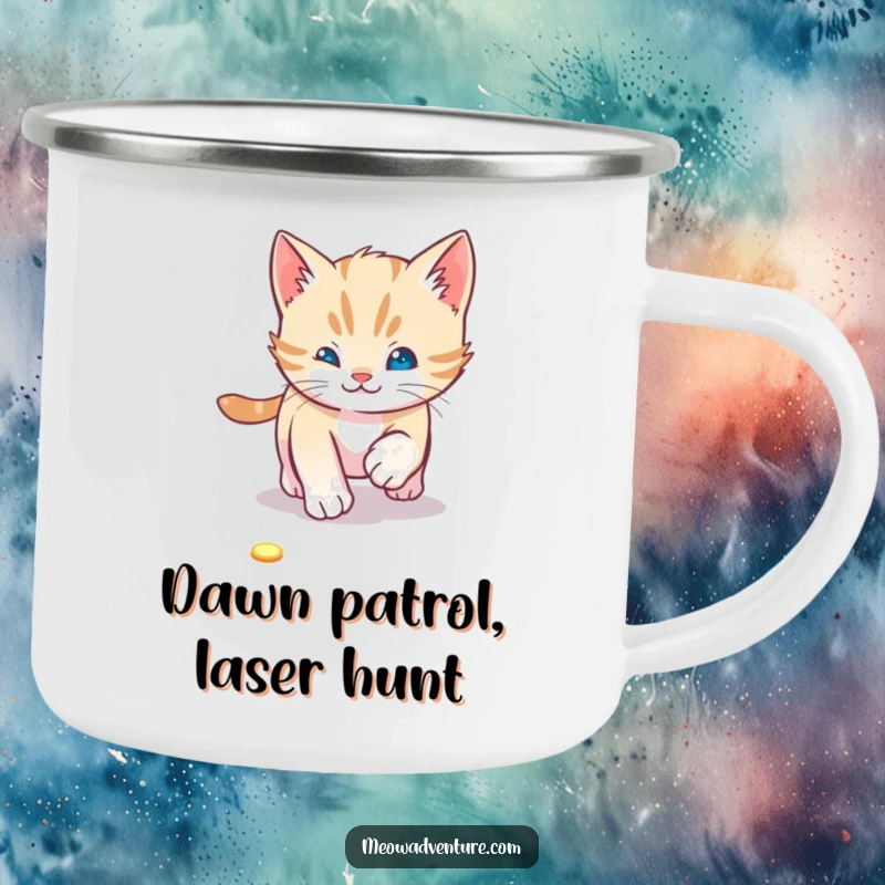 Playful kitten camping mug showing a cat chasing a laser pointer dot, designed for durable and fun outdoor beverage enjoyment.