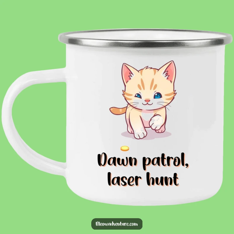 Playful Kitten Laser Chase Camping Mug: Durable Drinkware for Outdoor Fun