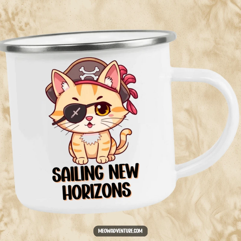 Funny mischievous cat pirate with an eye patch and hat, looking adventurous, on a sturdy camping mug.