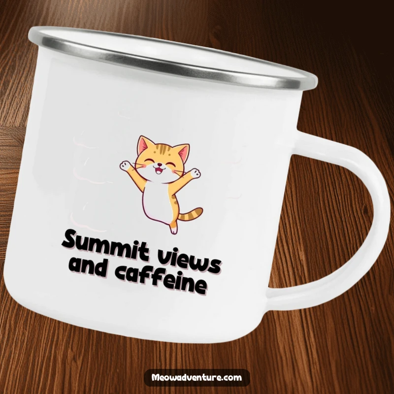 Funny agile cat jumping between cartoonish clouds, on a durable camping mug for outdoor fun.