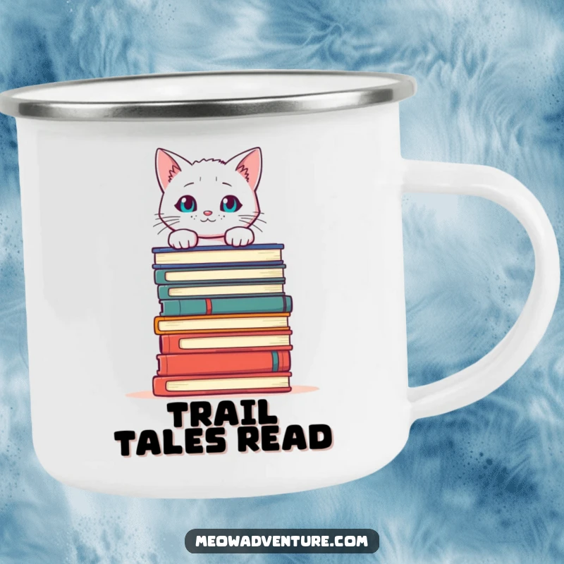 Funny Cat Books Camping Mug featuring a curious white cat peeking over books, perfect for sipping and reading outdoors.
