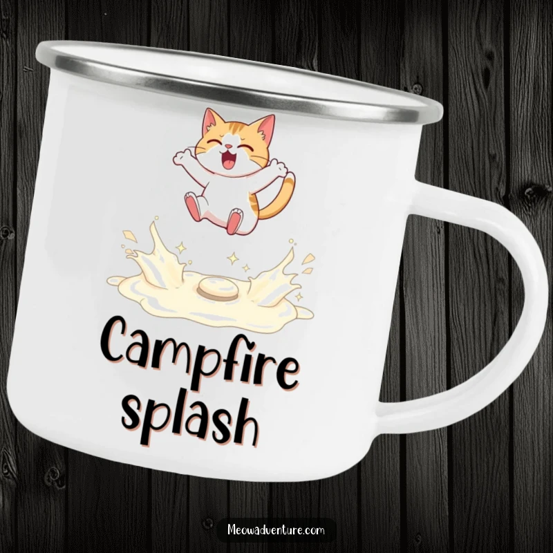 Funny camping mug showing a determined cat leaping over spilled milk, for adventurous spirits.
