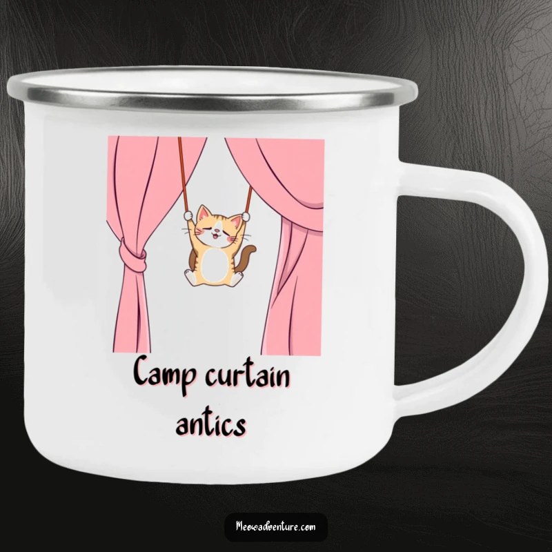 Funny camping mug with a cat swinging from a curtain like a trapeze artist, durable for outdoor use, great funny gift.