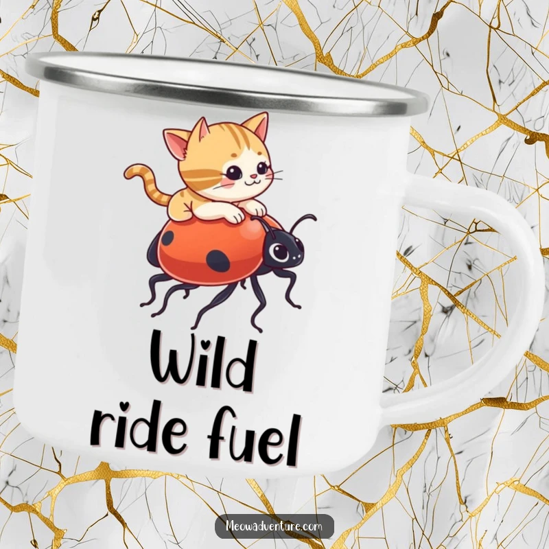 Funny camping mug: a mischievous cat confidently riding a giant ladybug, ready for any outdoor escapade.