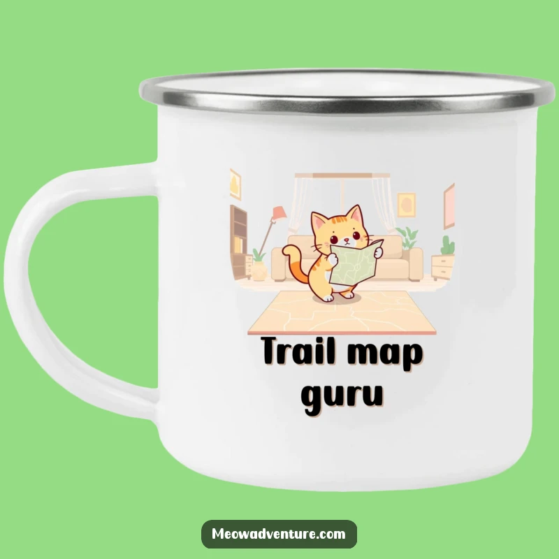 Funny Cat Navigator Camp Mug: Adventurous Enamel Cup with Map, Perfect Outdoor Gift