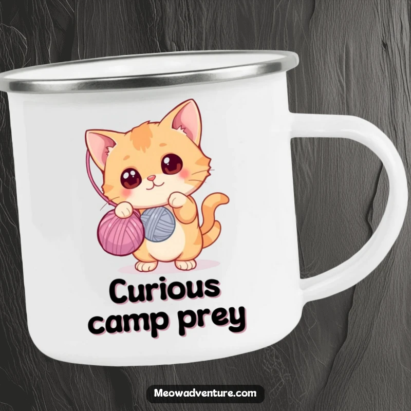 Funny camping mug with a curious cat batting at a yarn ball, durable for outdoor use, great funny gift.