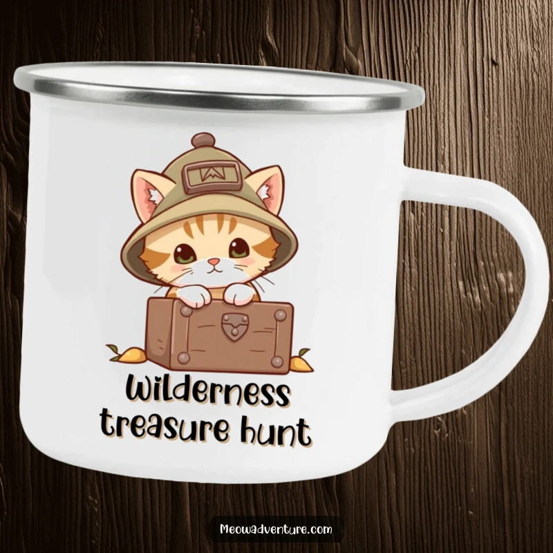 Funny explorer kitten camping mug featuring a brave cat in an explorer hat, peering into a chest. Sturdy and ready for the wild.